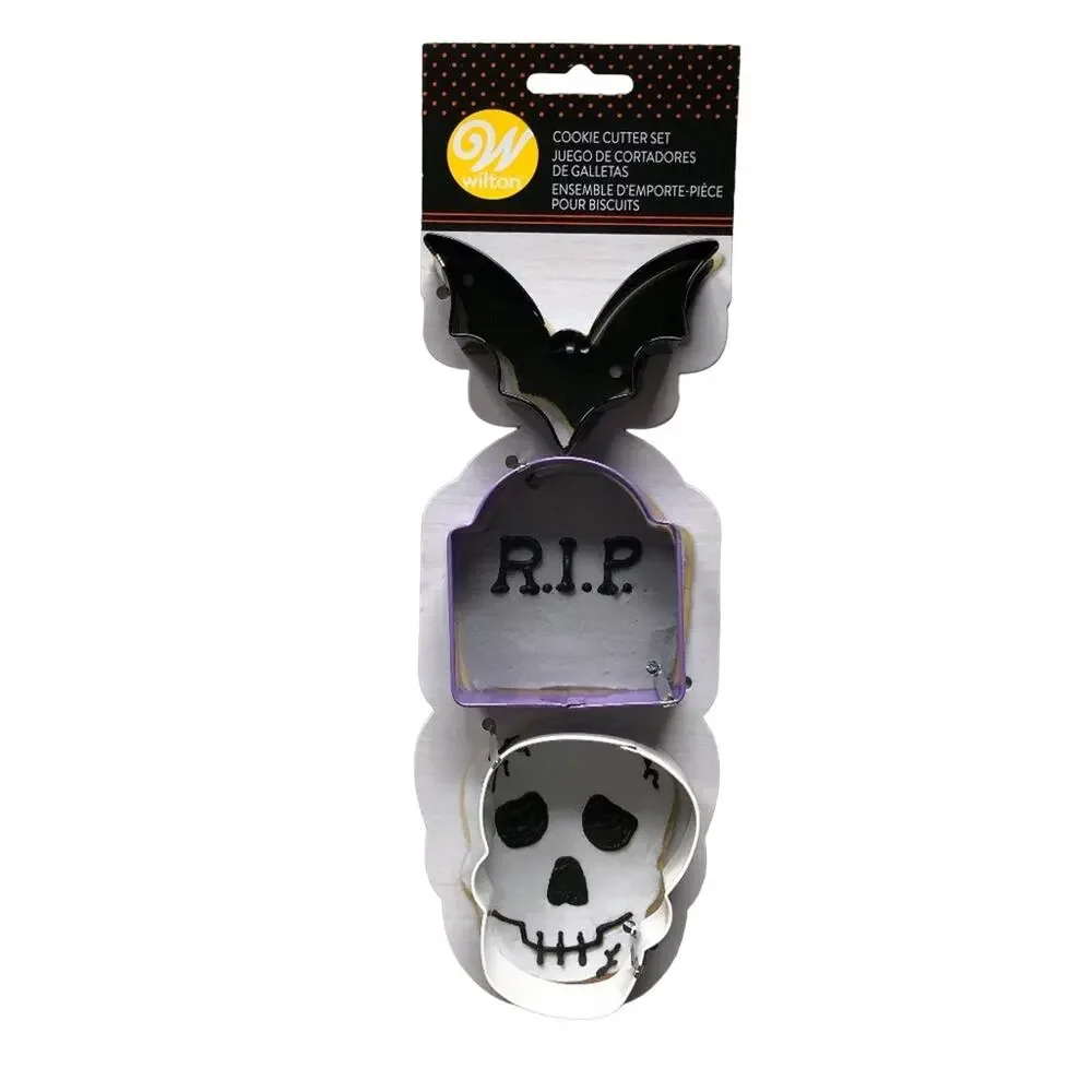 Wilton Halloween Black Holiday RIP Tomb Stone Bat Skull Metal Cookie Cutter Set